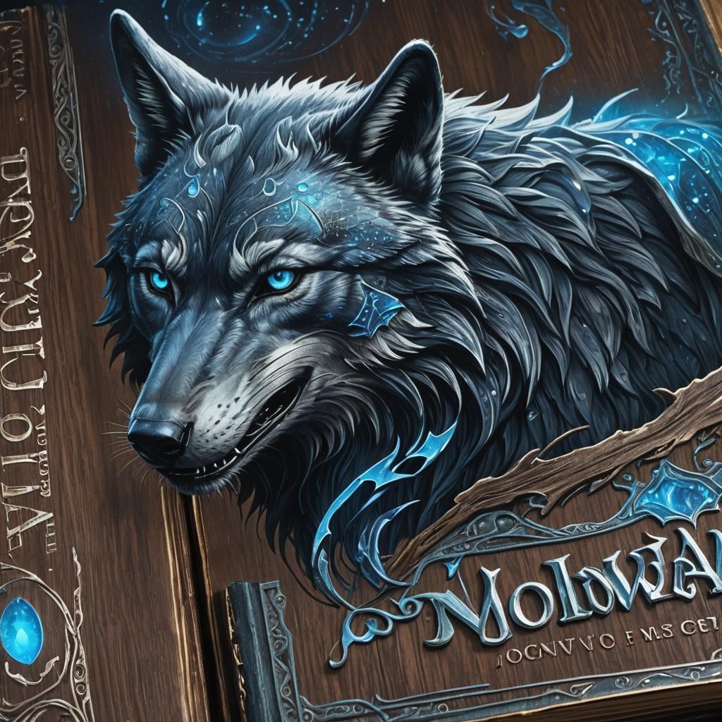 Holographic Wolf Spell Book in Dark Fantasy Style
