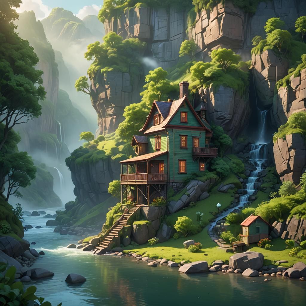 Riverside Cliff House in Pixar-Inspired 3D Art