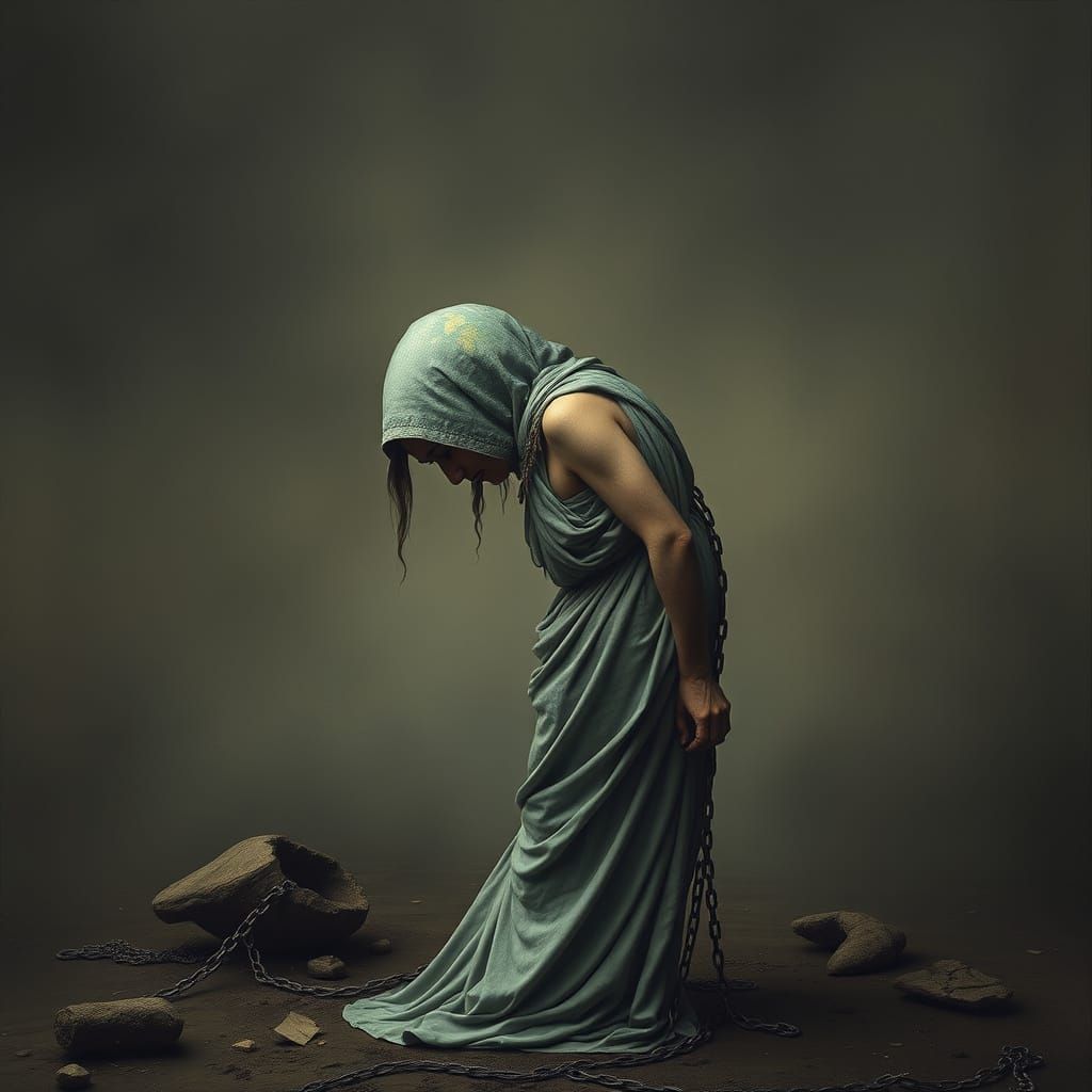 A Burdened Woman Carries the Weight of the Earth in a Haunti...