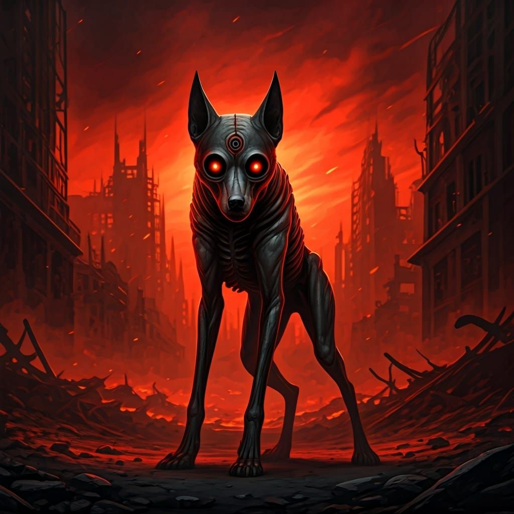 Demonic Creature in Post-Apocalyptic Cityscape