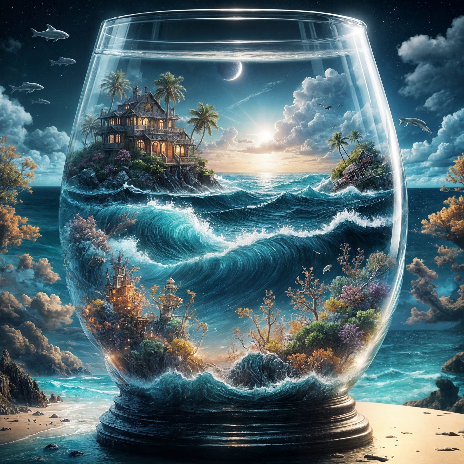 Midnight Ocean in a Glass Digital Matte Painting