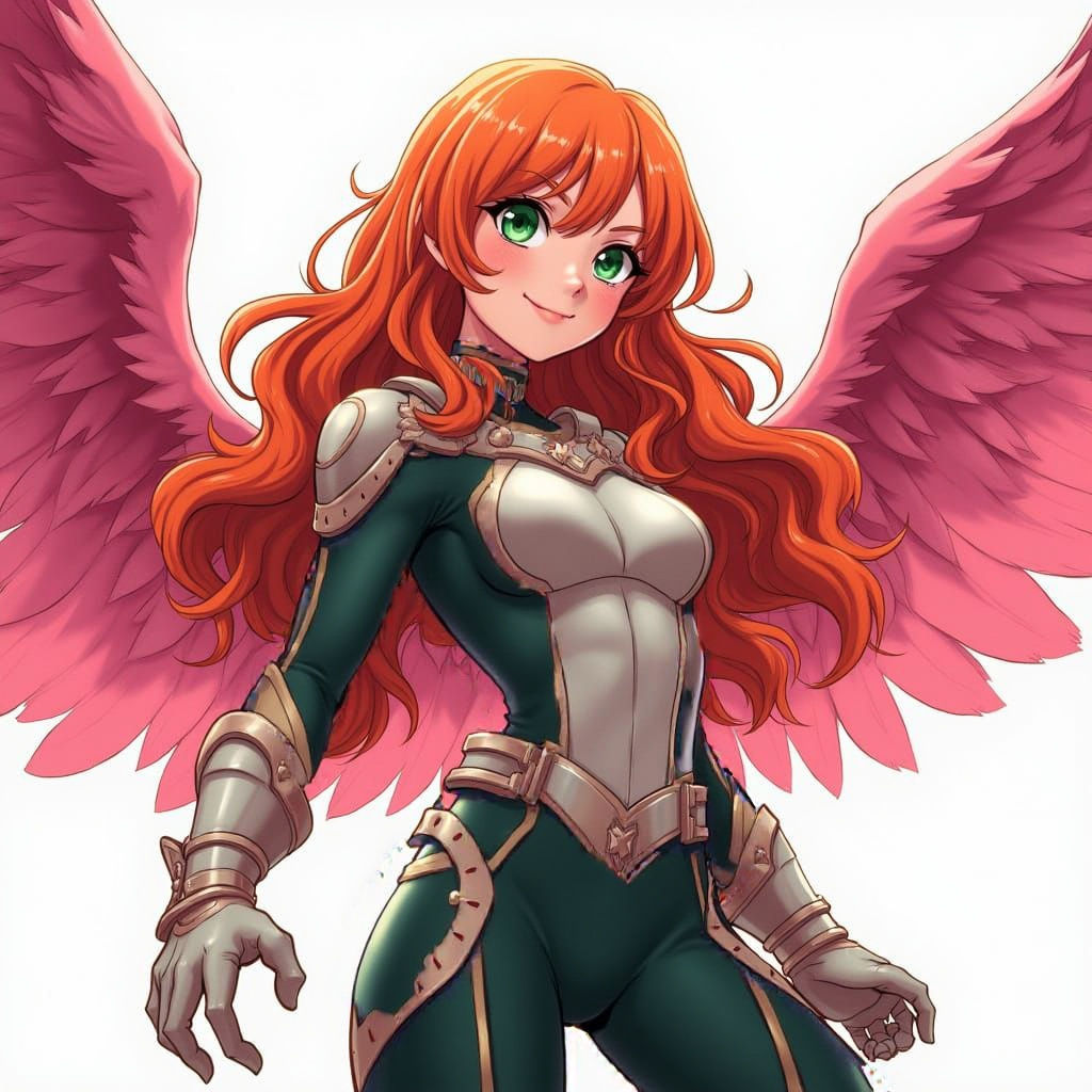 Dynamic Manga-Style Heroine with Pink Wings
