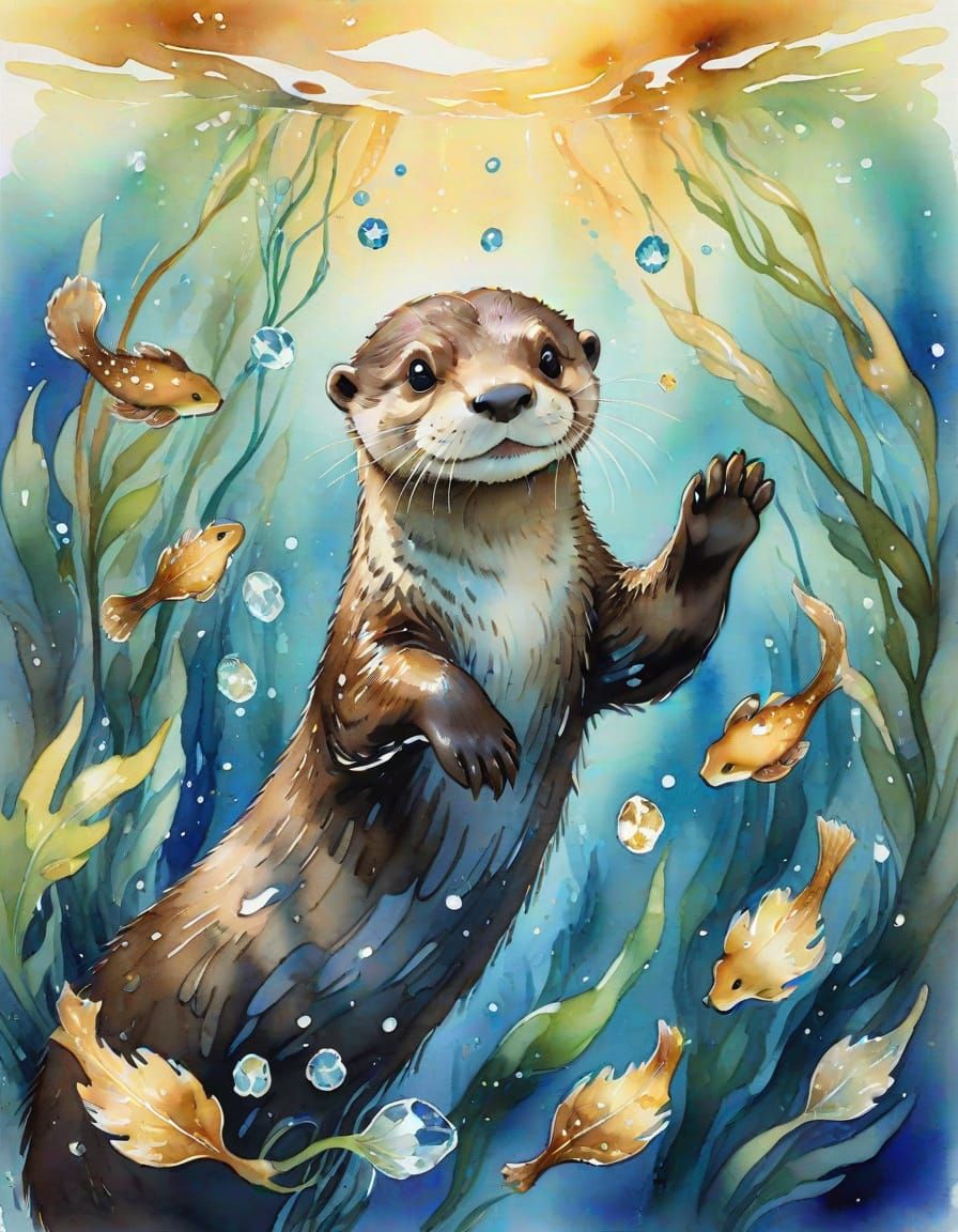 Playful Otter with Crystal Scales: Watercolor Splash Art