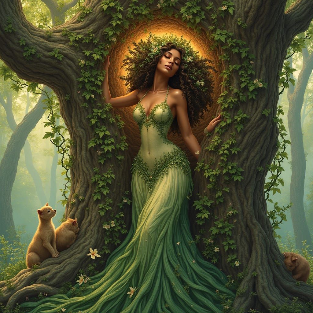 A voluptuous dryad, her skin like polished mahogany, emerges...