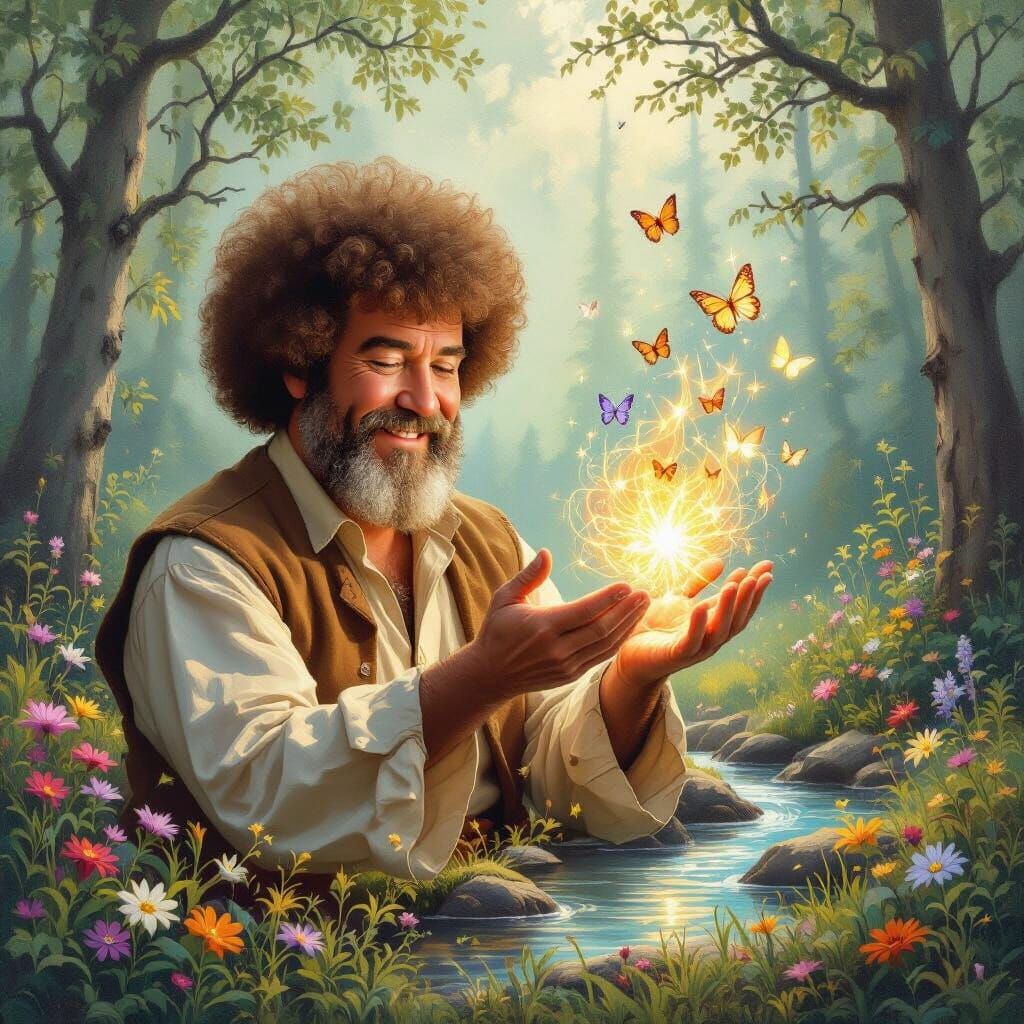 Bob Ross as Wizard Casting Nature Spell in Forest