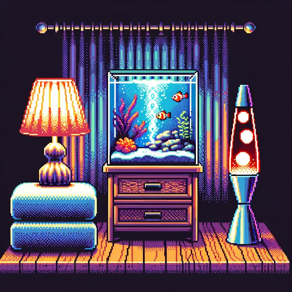 Cozy 8-Bit Pixel Art Room with Aquarium