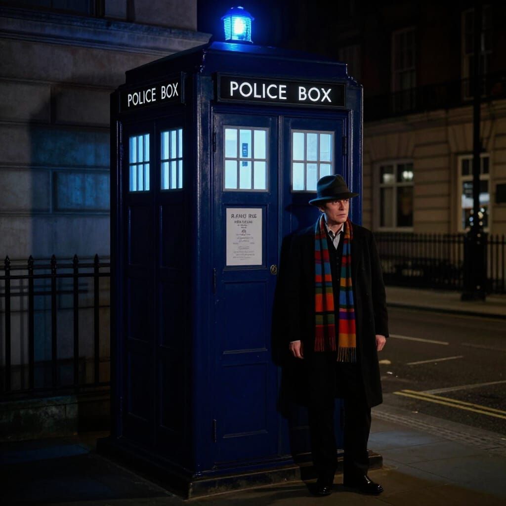 Dark London Street with Blue TARDIS Outline