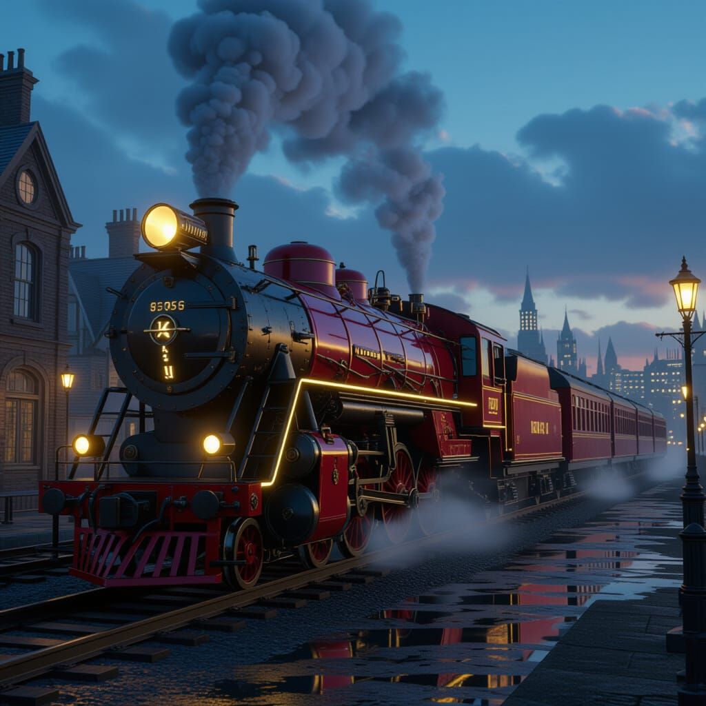 Steampunk Train in Grimy Victorian City at Twilight