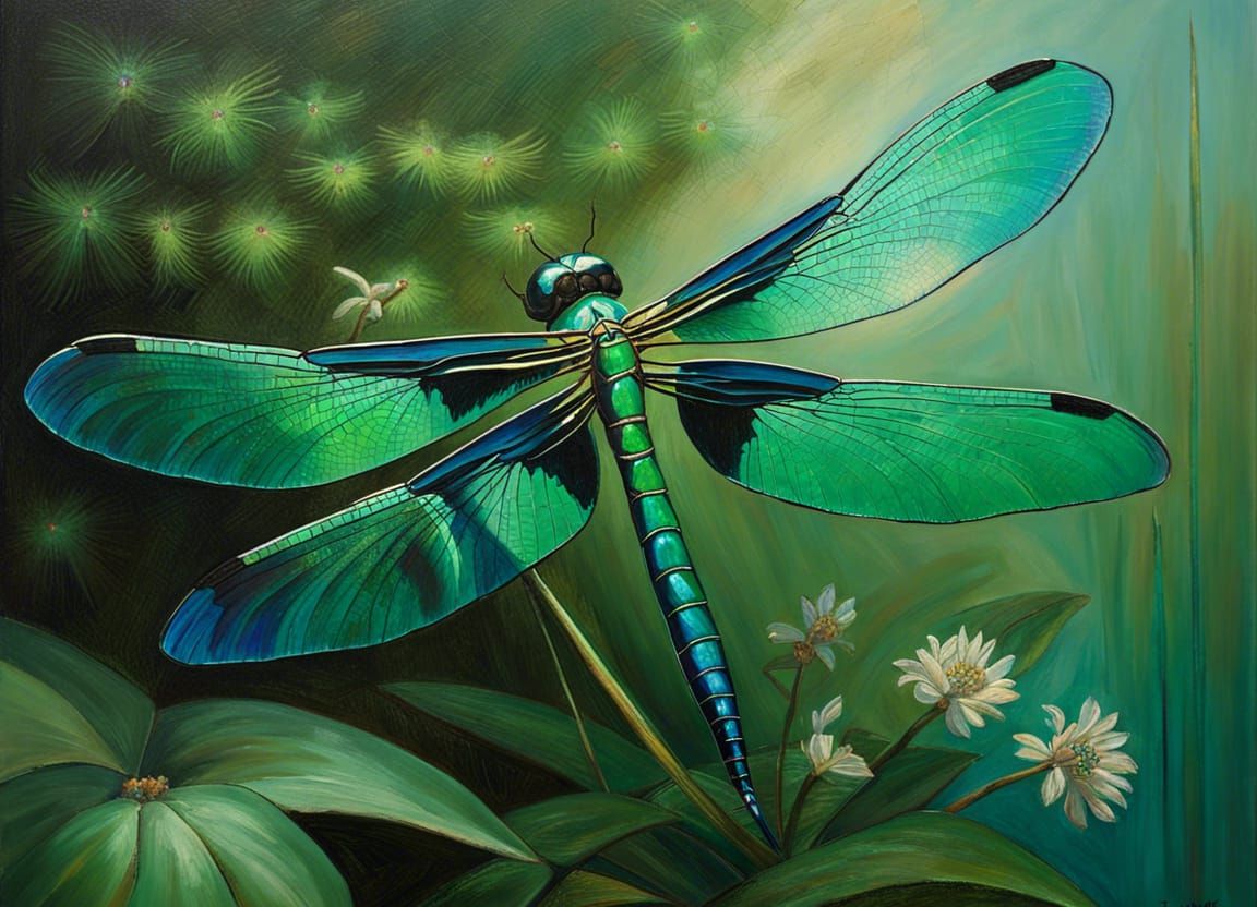 Iridescent Dragonfly in Garden, Oil Painting Style