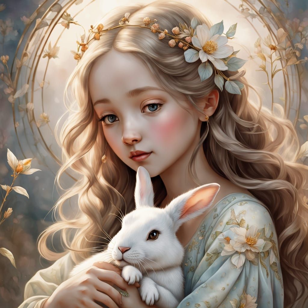 Whimsical Watercolor Portrait of a Young Girl with Her Pet R...