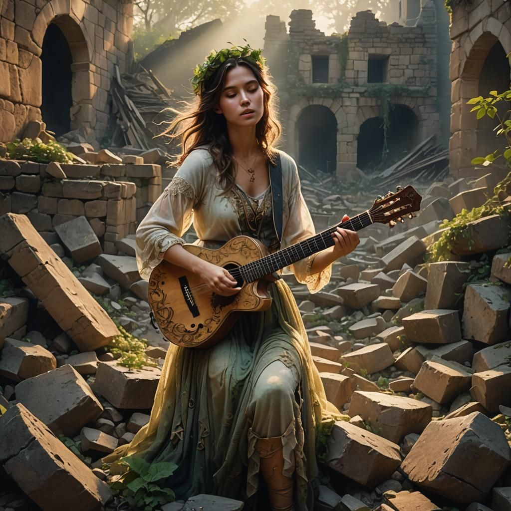 Enchanting Woman Plays Guitar in Misty Ruins