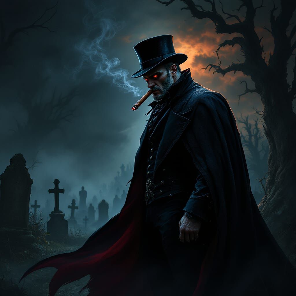 Imposing 1880s Figure in Cemetery with Cigar