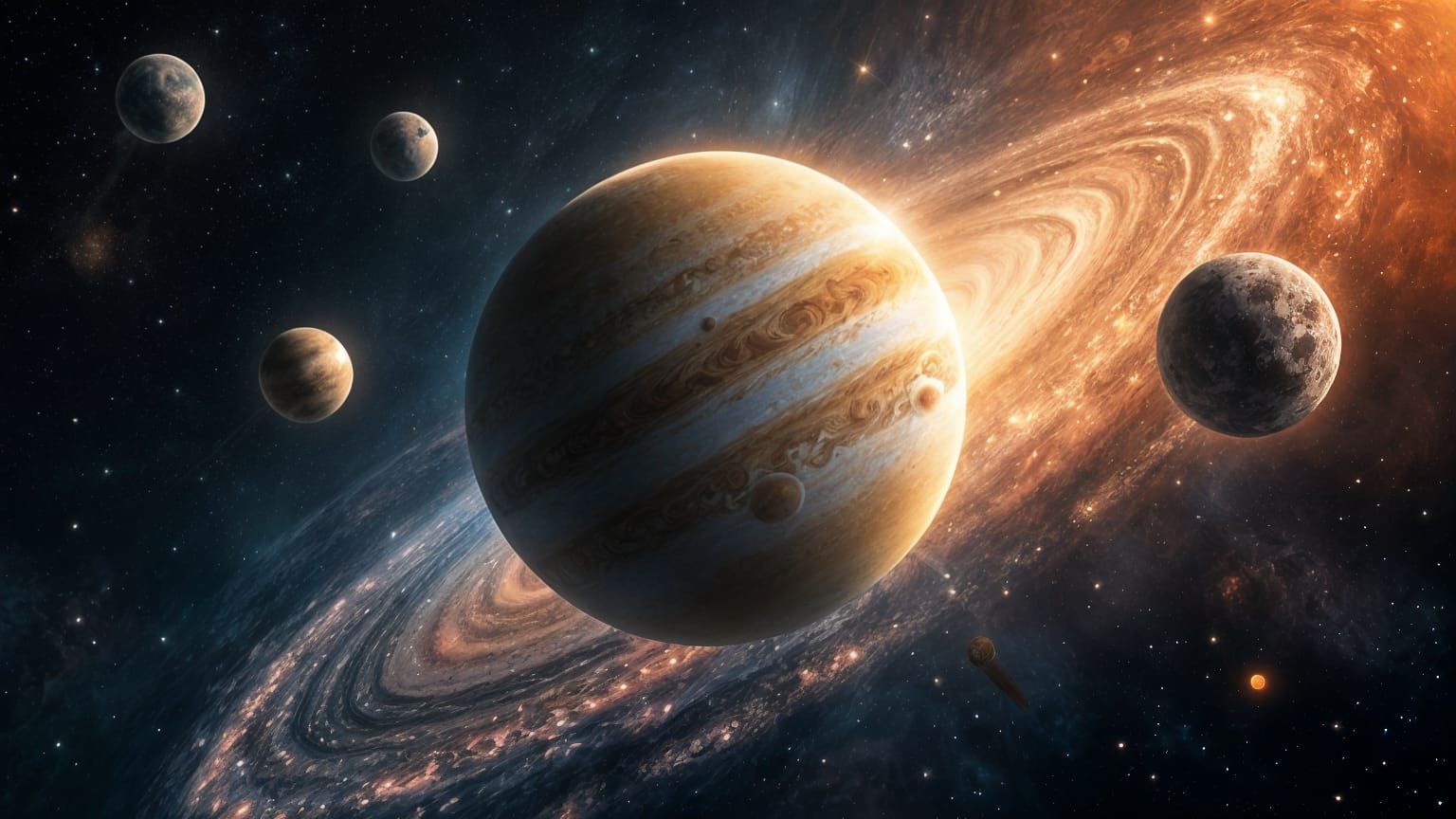 Jupiter and Moons: Holographic Cosmic Illustration