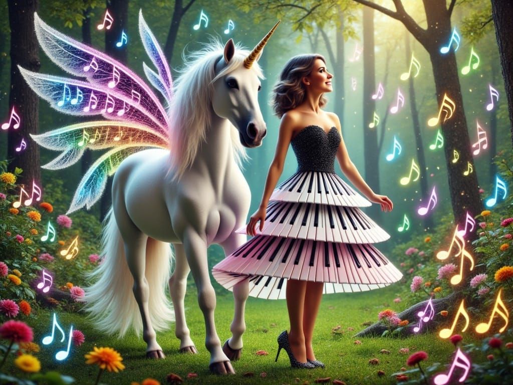 Whimsical Fairy Girl with Majestic Unicorn in Vibrant Musica...