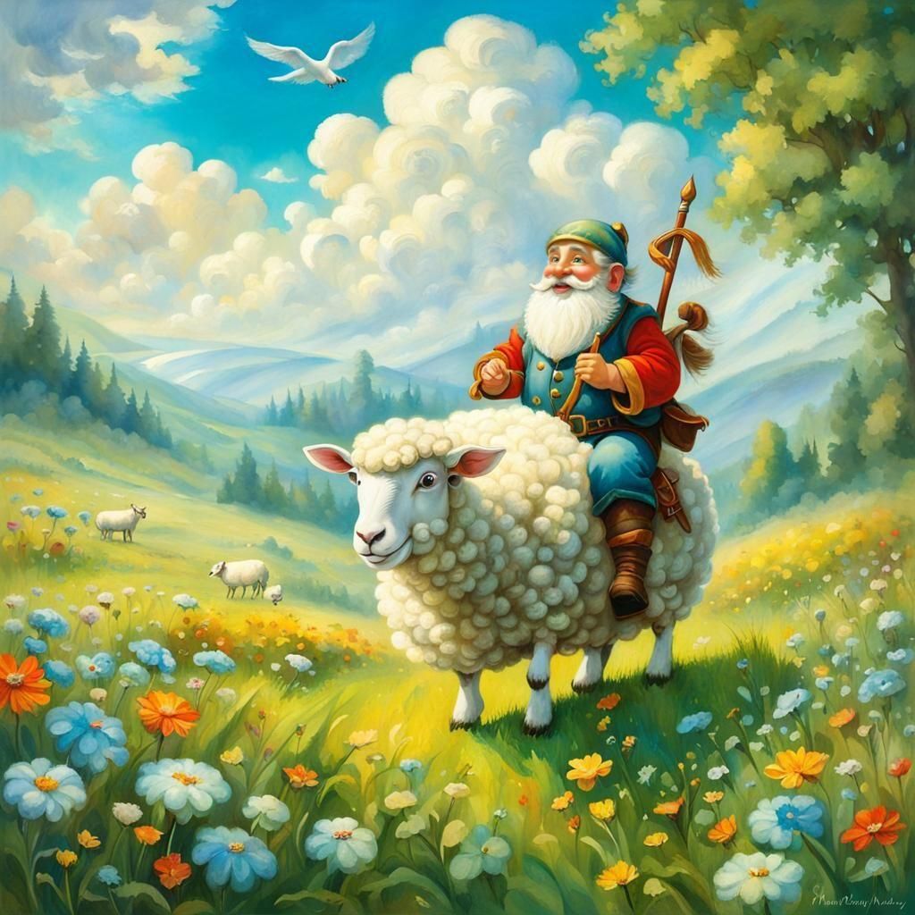 Happy Dwarf Rides Sheep in Summer Meadow