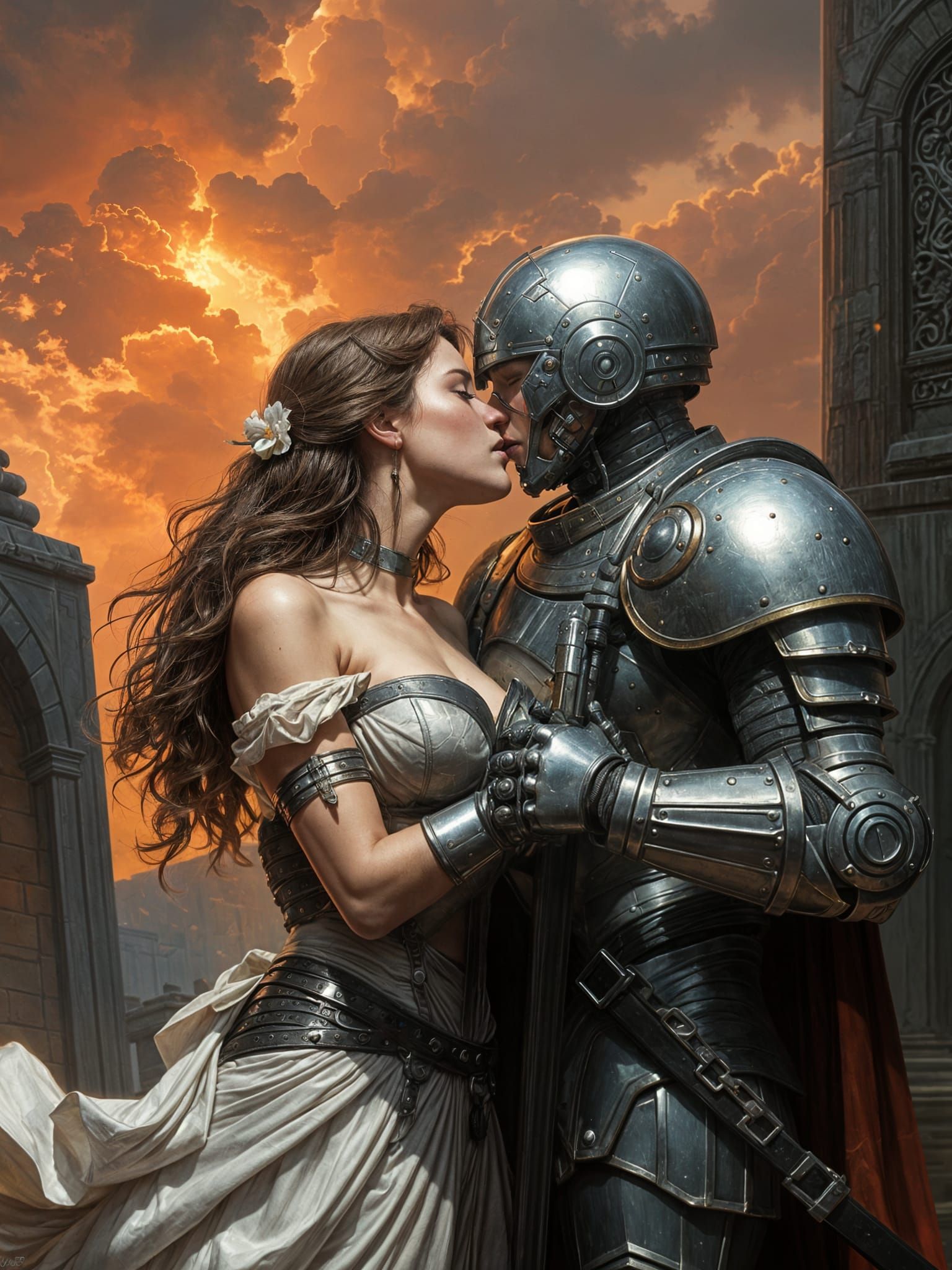 Cyborg Knight Kissing Gentle Maiden in Digital Painting