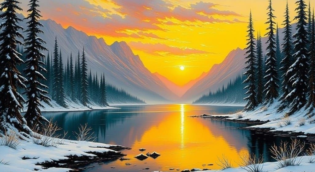 Golden Hour Sunset Over Snowy Mountain Lake