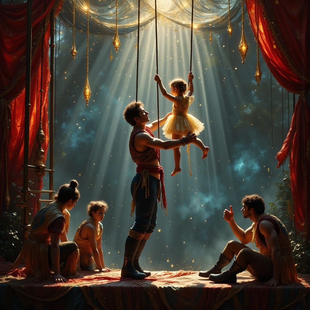 Circus Family Trapeze Act in Art Nouveau Style