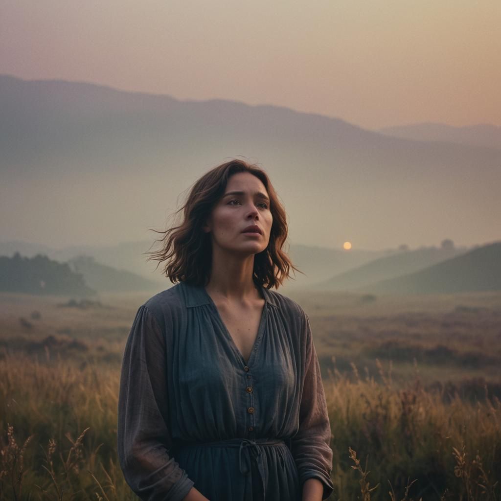 Misty Evening Singer: Cinematic Film Still