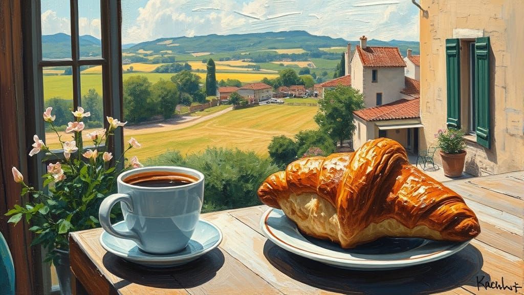 Cozy Cafe in Rural Provence with Early Spring Fields