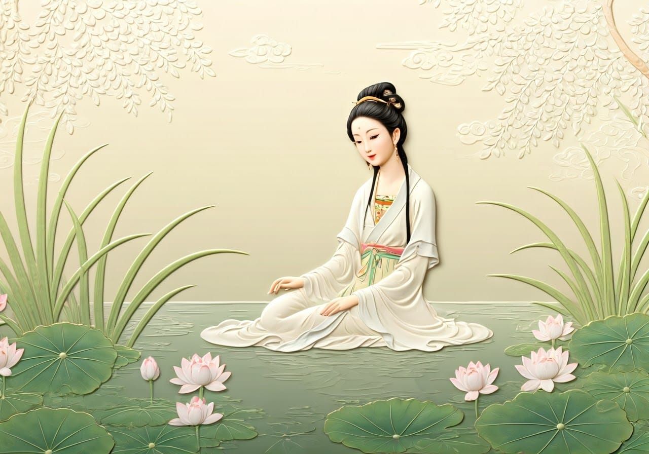 Embossed Chinese Woman in Water Lilies Art