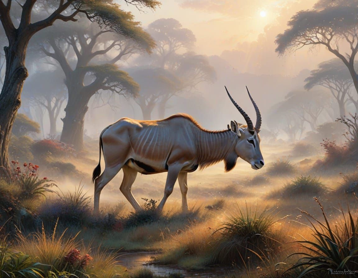 Ethereal Eland Grazing on Misty Savannah