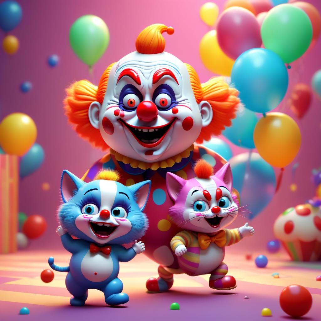 Clowns Chasing with Kitten: Pixar-Style 3D Art