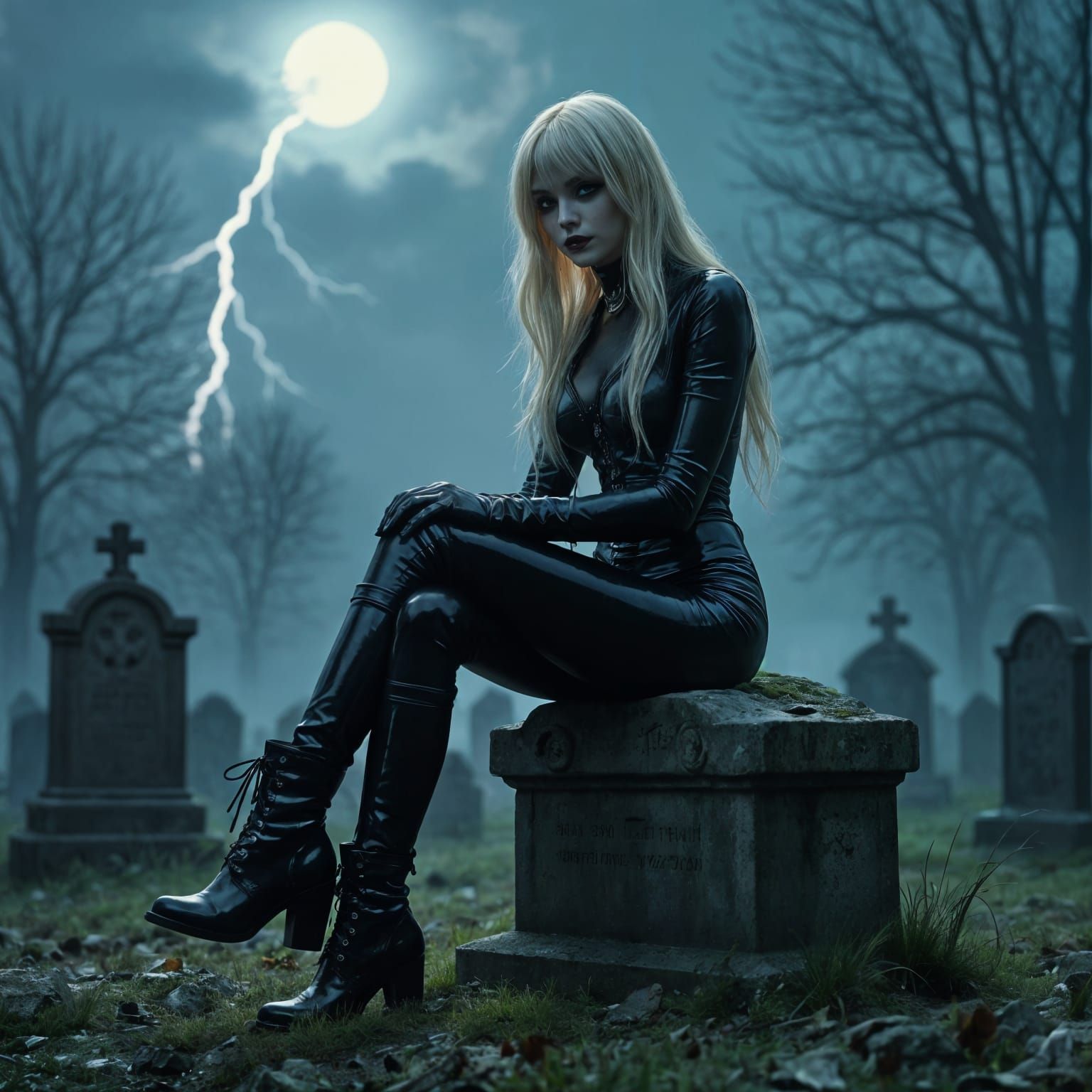 Gothic Blonde in Moonlit Cemetery