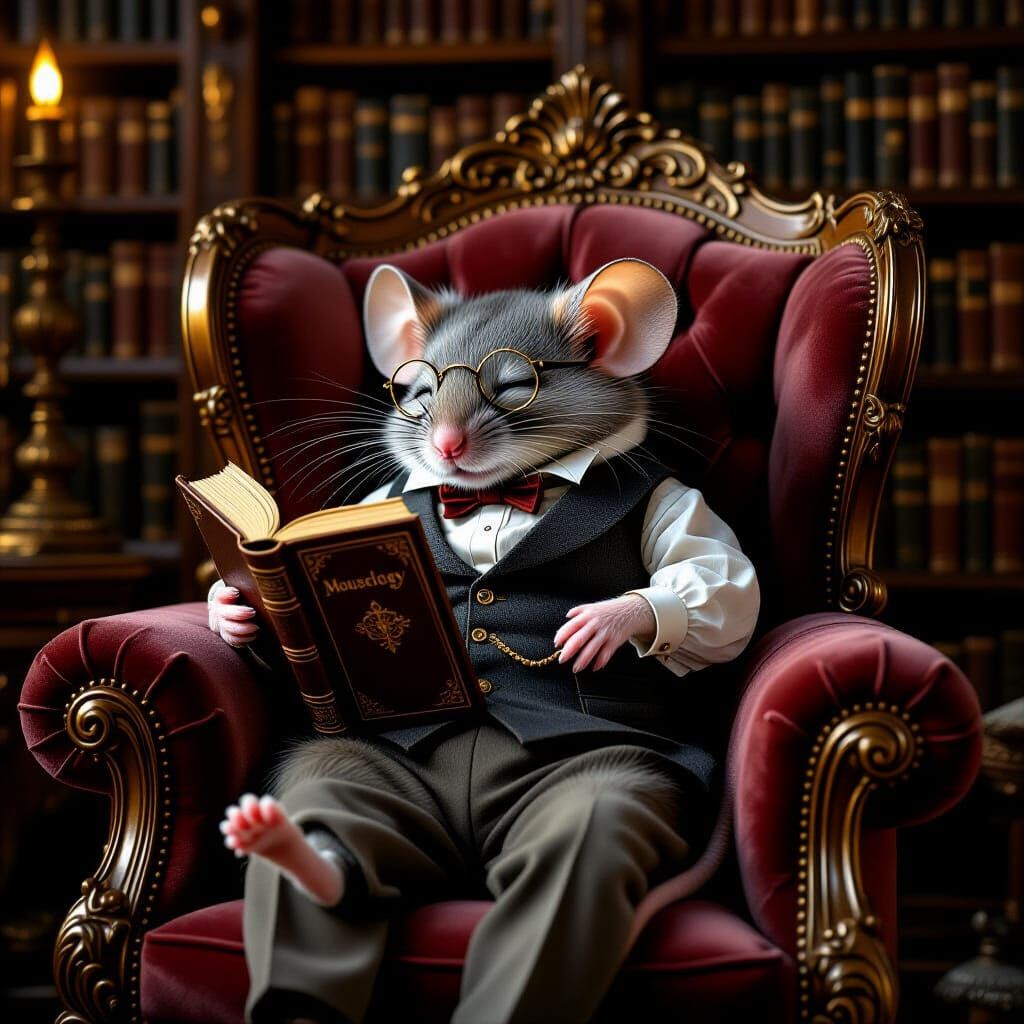 Mouse Scholar Asleep in Victorian Library