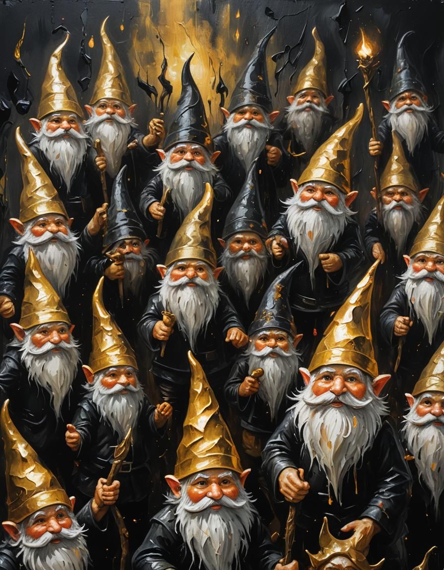 Gnomes Merge Into Canvas: Expressive Oil Painting