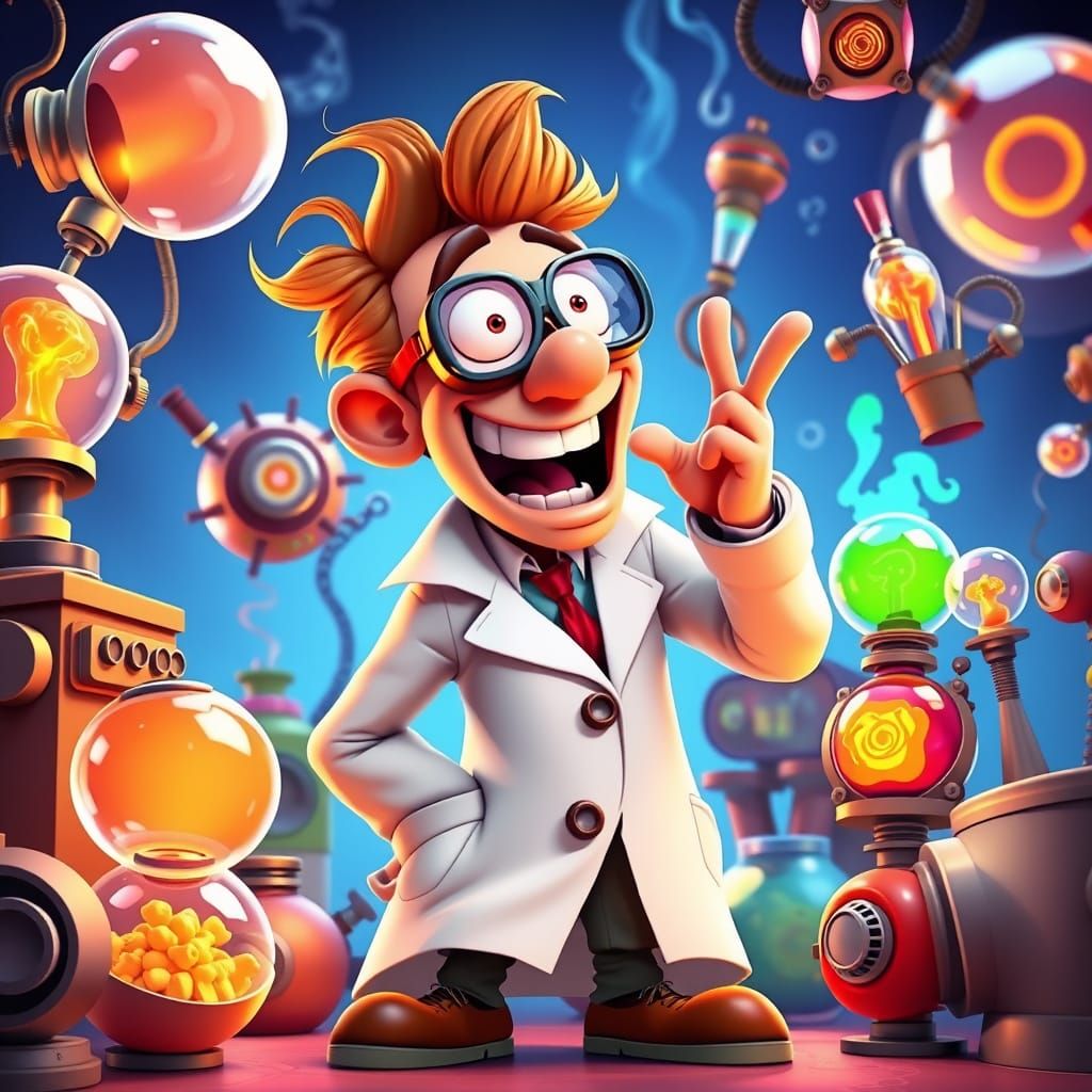 Exuberant Cartoon Scientist in Vibrant Lab