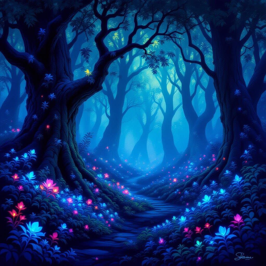 Magical Glowing Forest at Night