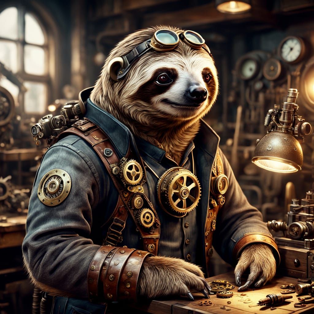 Steampunk Sloth Portrait in Workshop