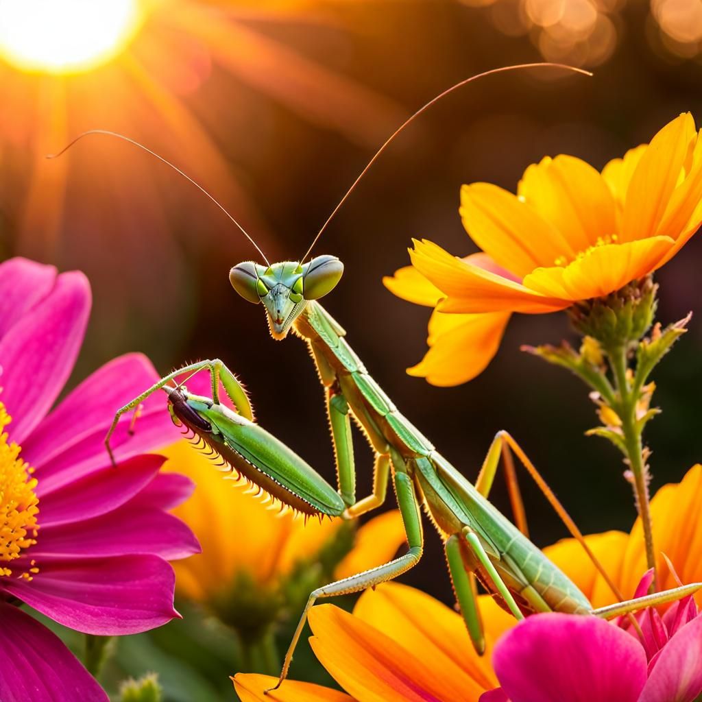 Praying Mantis in Golden Sunset Light