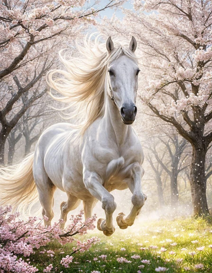 A beautiful white horse galloping through Cherry Blossom fal...