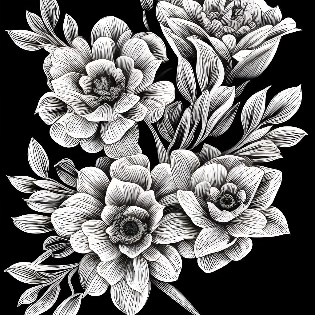 Intricate Black and White Flower Bouquet Illustration