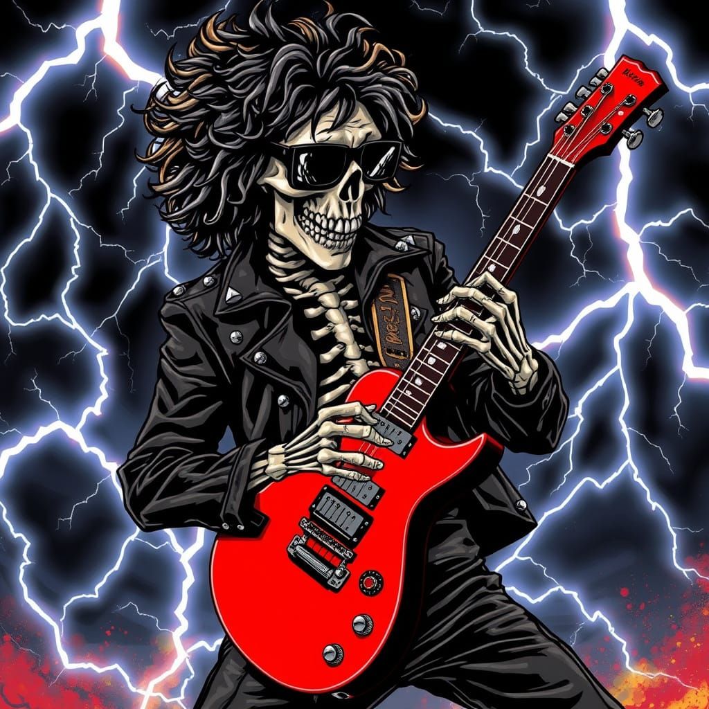 Skeleton's character wearing black leather jacket and shoulder length curly hair and dark square framed glasses shreds o...