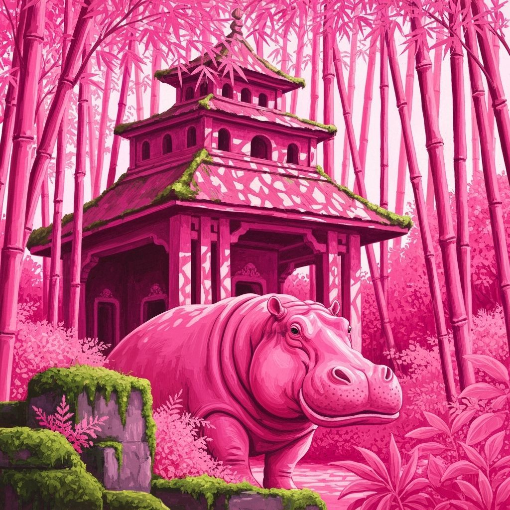 Pink Hippo in Pink Bamboo Forest, Gouache Painting