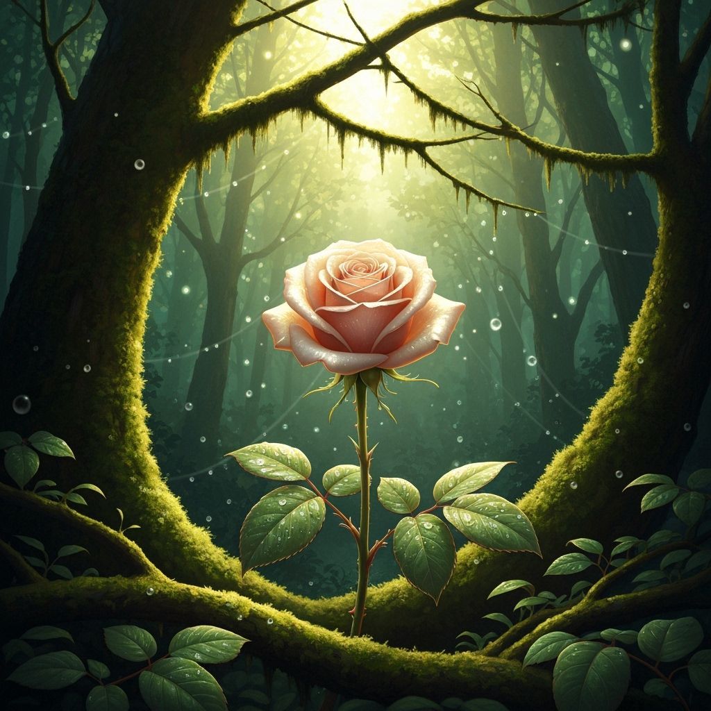 Majestic Shimmering Rose in Sunlit Forest, Art Nouveau Style