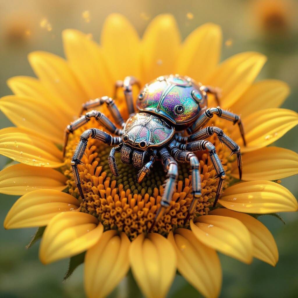 Clockwork Spider on Sunflower in Steampunk Style