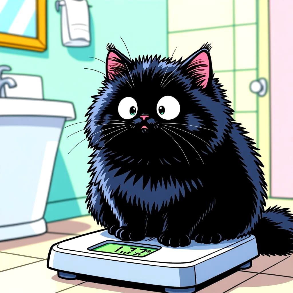 Terrified Chubby Cat on Scale in Comic Style