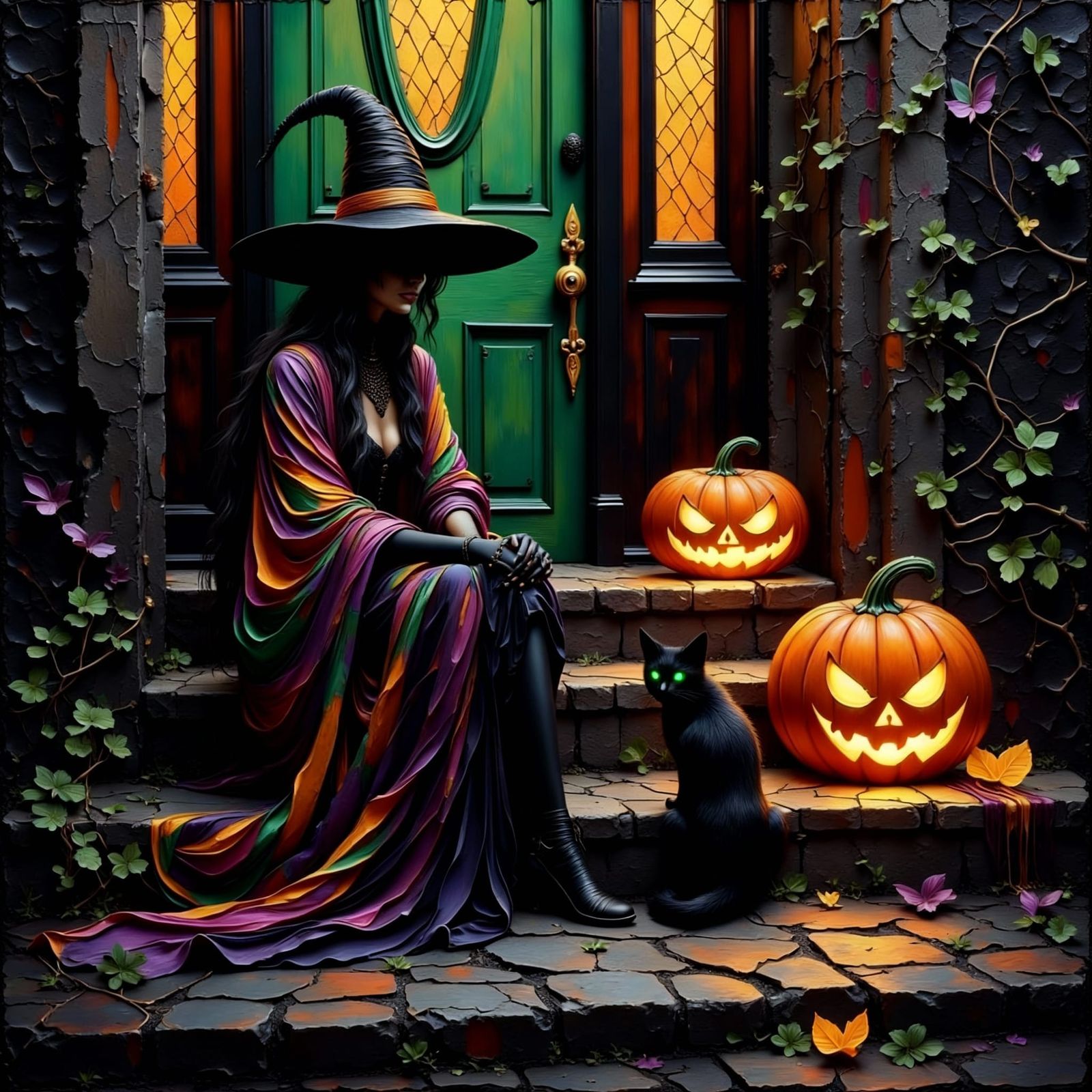 Witch and Cat on Stoop in Victorian Alley
