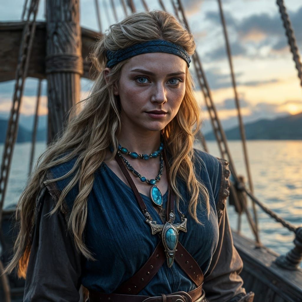 Viking Warrior Maiden at Anchor in Deep Blue Waters