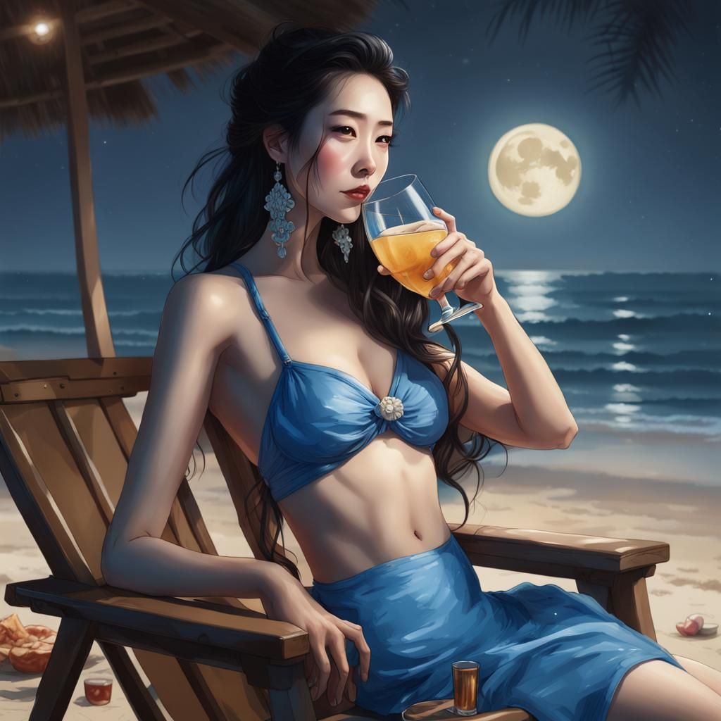 photoréaliste Portrait of back shot of gorgeous Chinese Princess Belle in a modest blue skirt swimsuit at the beach at n...