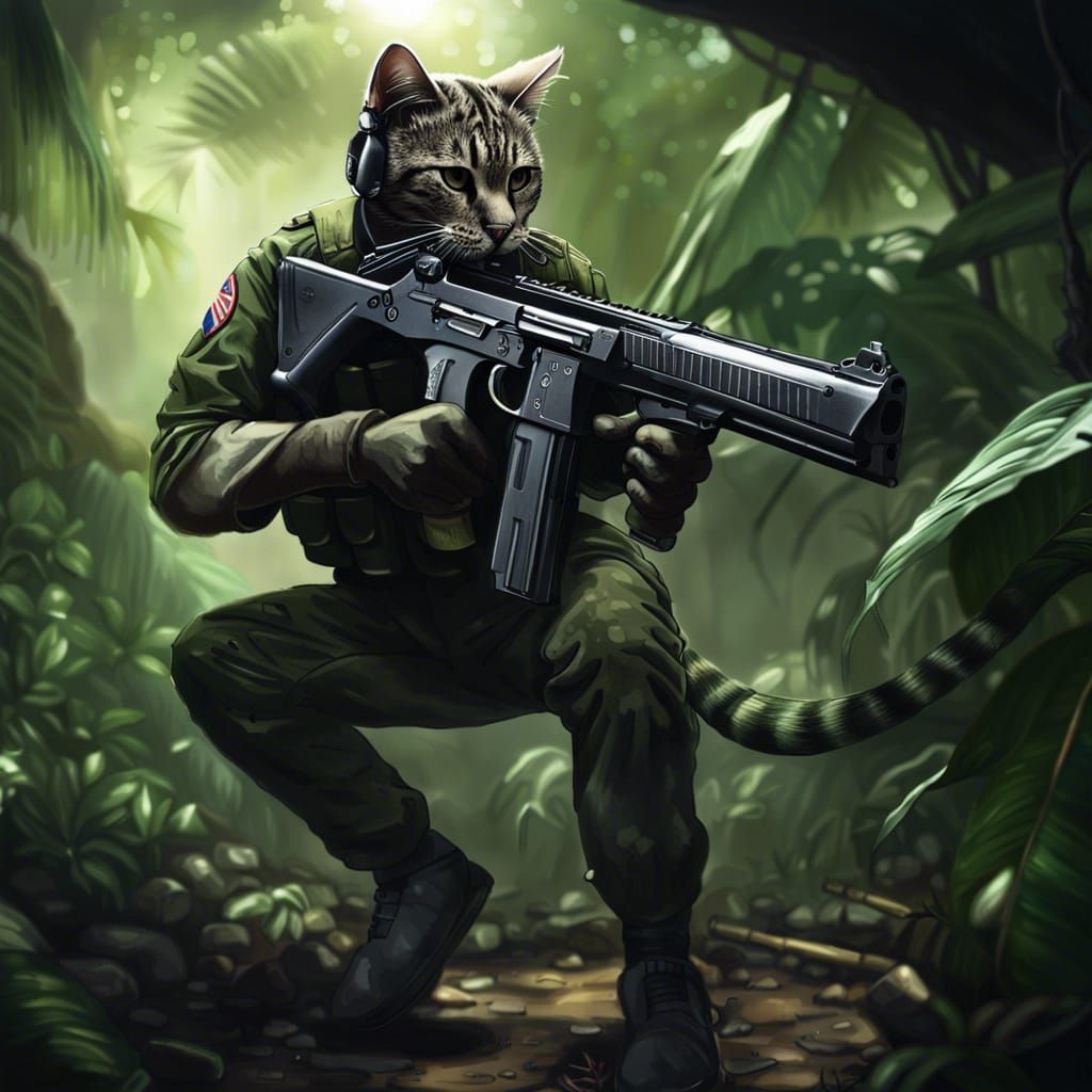 Hyperrealistic Cat Soldier in Alien Jungle Basecamp