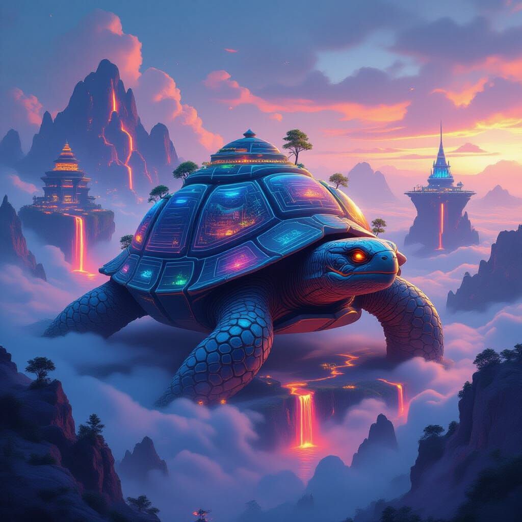 Giant Neon Tortoise-Dragon Hybrid in Misty Dawn