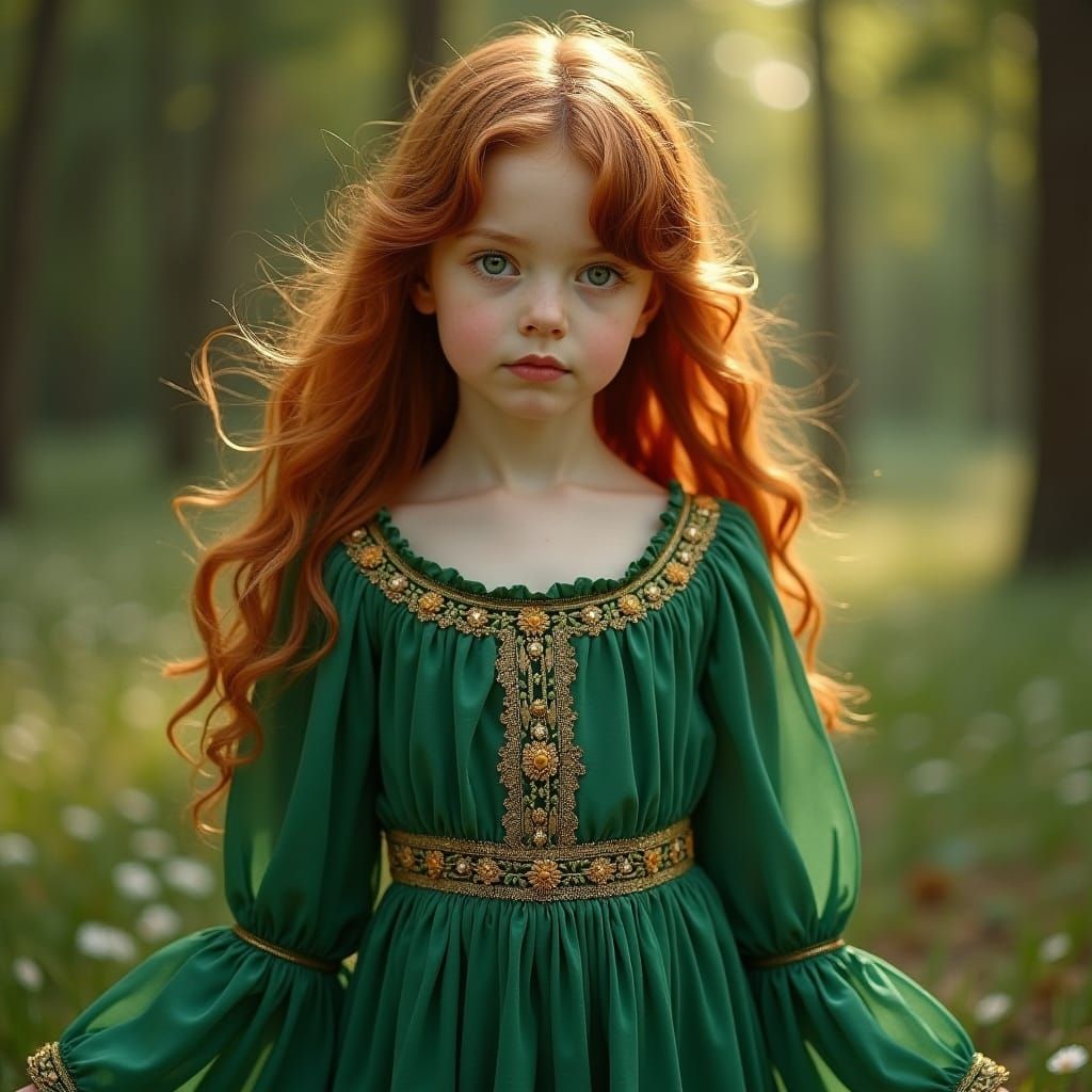 Auburn-Haired Girl in Emerald Dress, Pre-Raphaelite Style