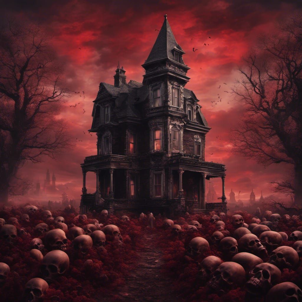 Skull House in Graveyard with Ghosts