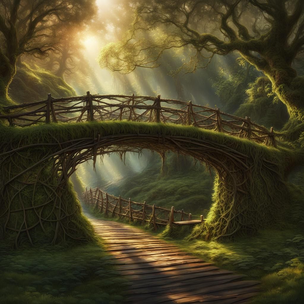 Mossy Vine Bridge with Native Americans in Fantasy Art
