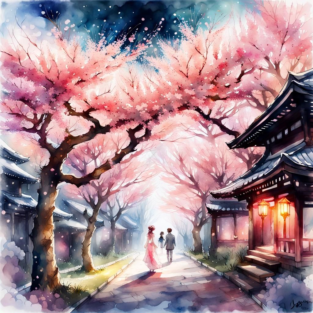 Japanese cherry blossom, watercolor, double exposure